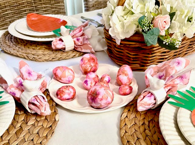 showing foam eggs and easter table setting