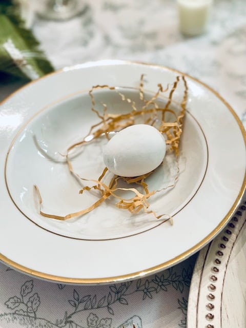 Hard bowl egg in a bowl with grass