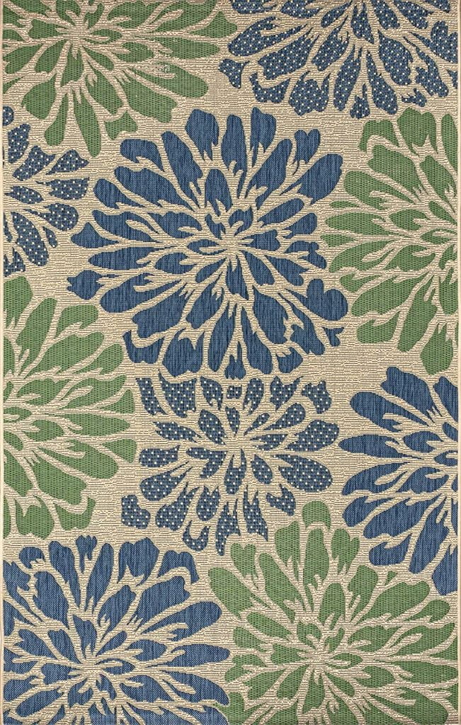 Green and blue patio area rug