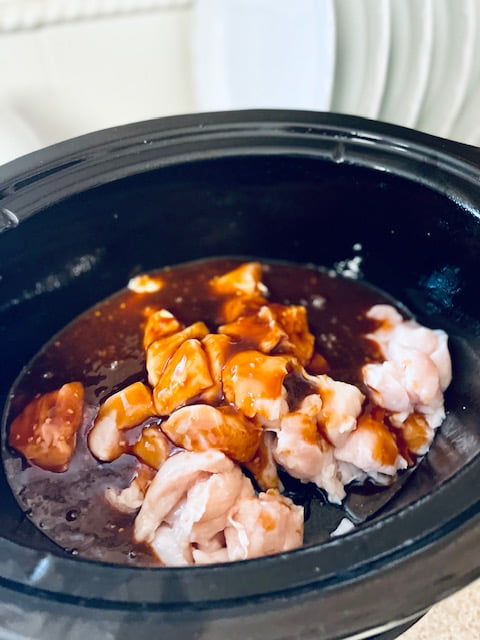 Placing the Chicken in the crock pot with sauce