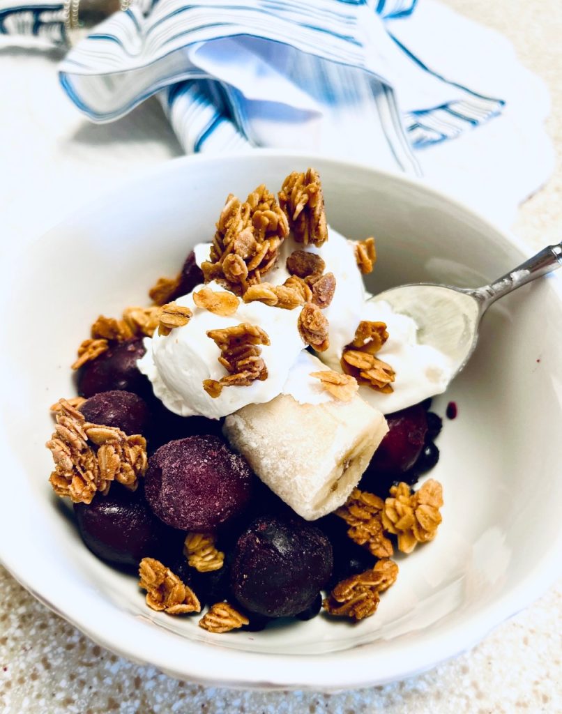 A bowl of Frozen fruit for dessert