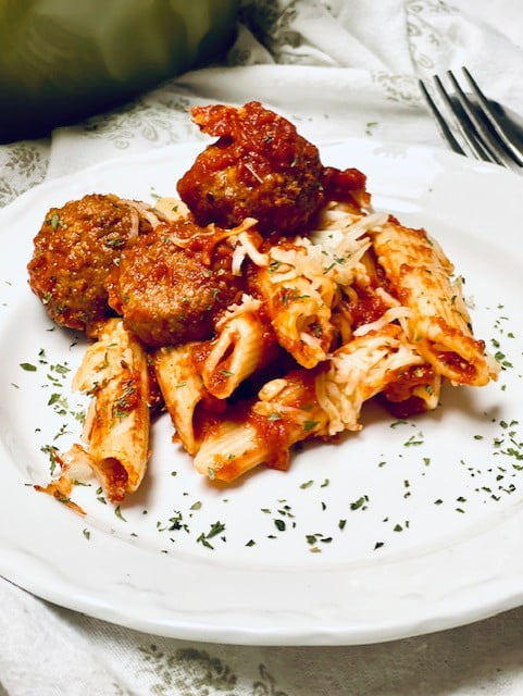 Pasta and meatballs on a dish
