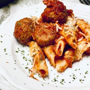 Gluten Free pasta with meat balls on a plate