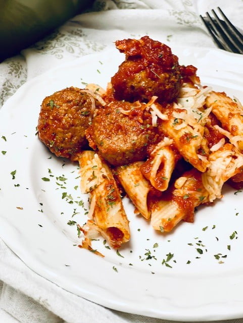Gluten Free pasta with meat balls on a plate