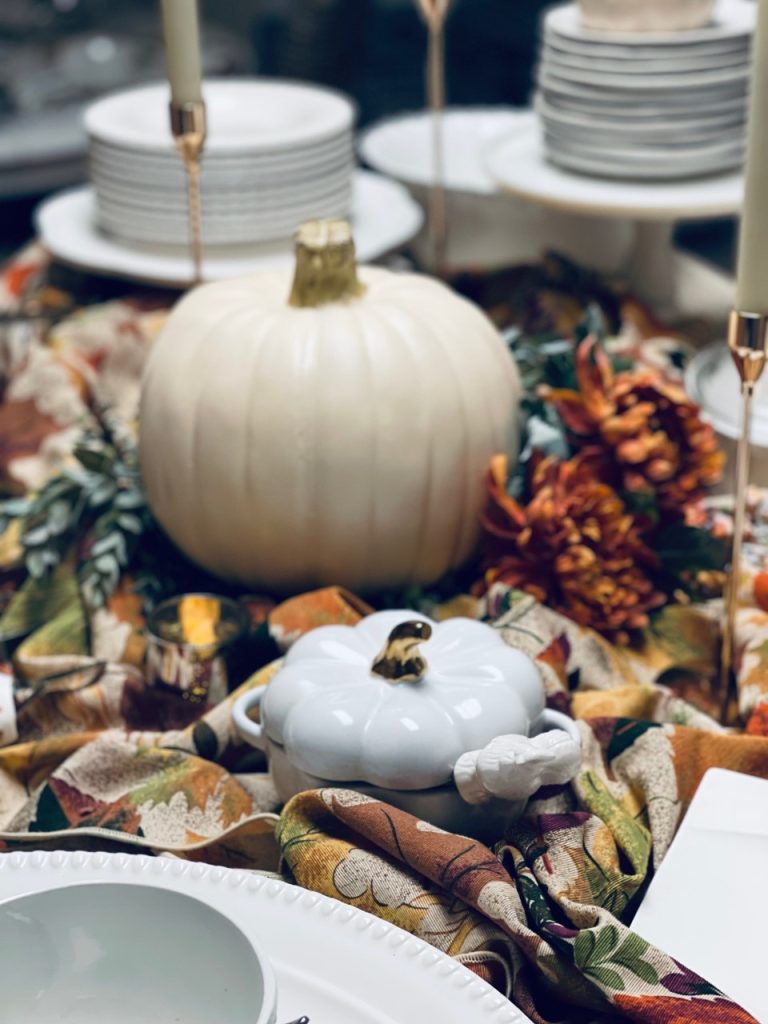white pumpkin on the buffet for the harvest luncheon