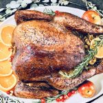 A turkey for thanksgiving dinner stuffed with fruit