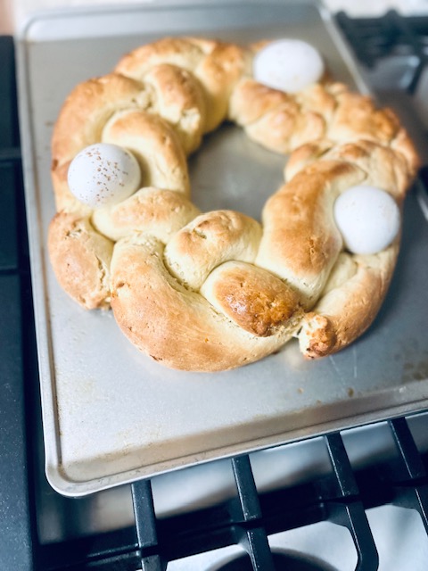 Gluten Free Easter Braided Egg Bread finished with eggs placed around the bread
