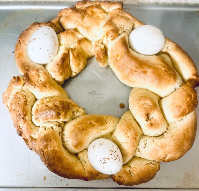 Gluten Free Easter Braided Egg Bread finished on baking pan