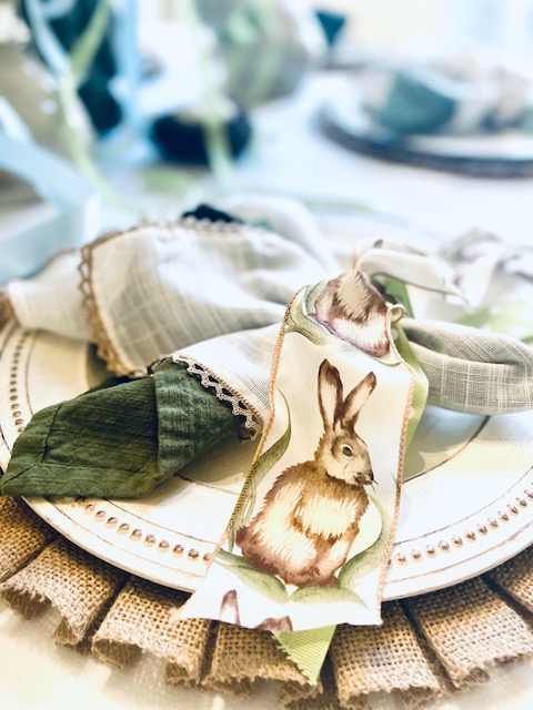 A Very Simple Easter Table Scape showing how to make a napkin  ring with ribbon