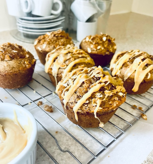 Easy Salted Caramel Apple Muffins Made Gluten Free adding topping